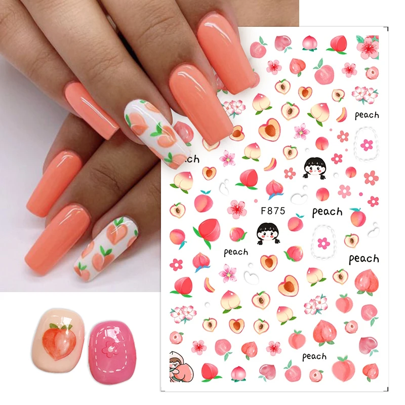 3D Charms Cherry Lemon Fruit Nail Stickers Watercolor Abstract Floral Decals Sliders Manicures Nail Art Decorations For Summer