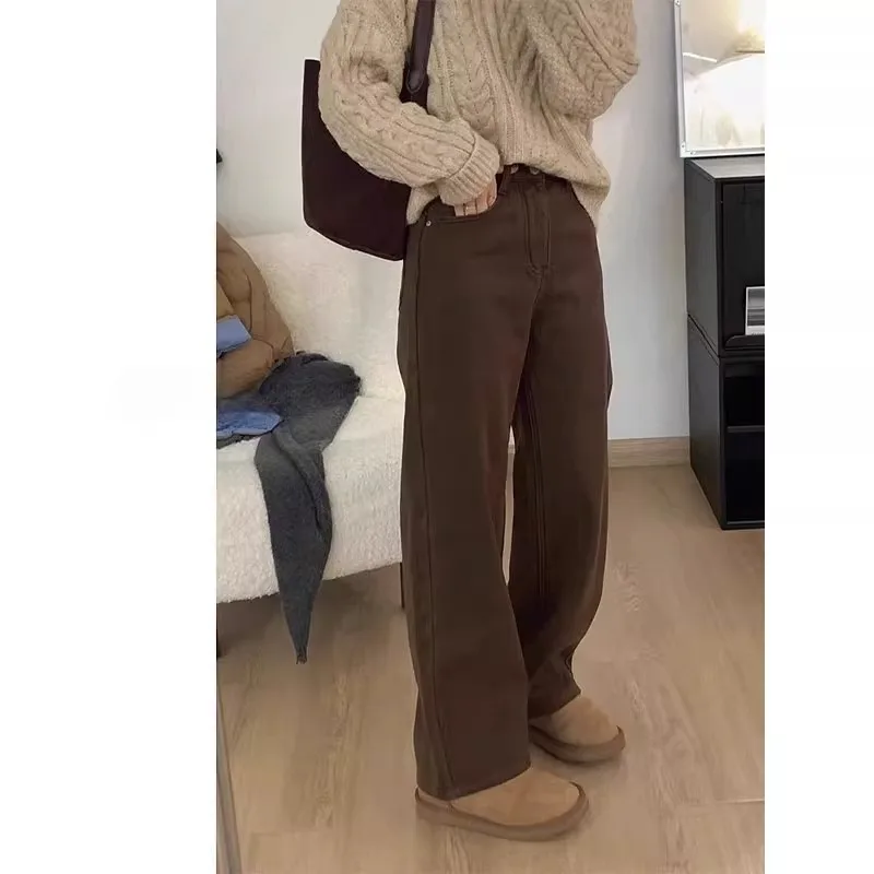 

American Retro Brown Slim Wide Leg Denim Jeans High Waist Loose Straight Loose Jeans for Pear aped Women Early Spring