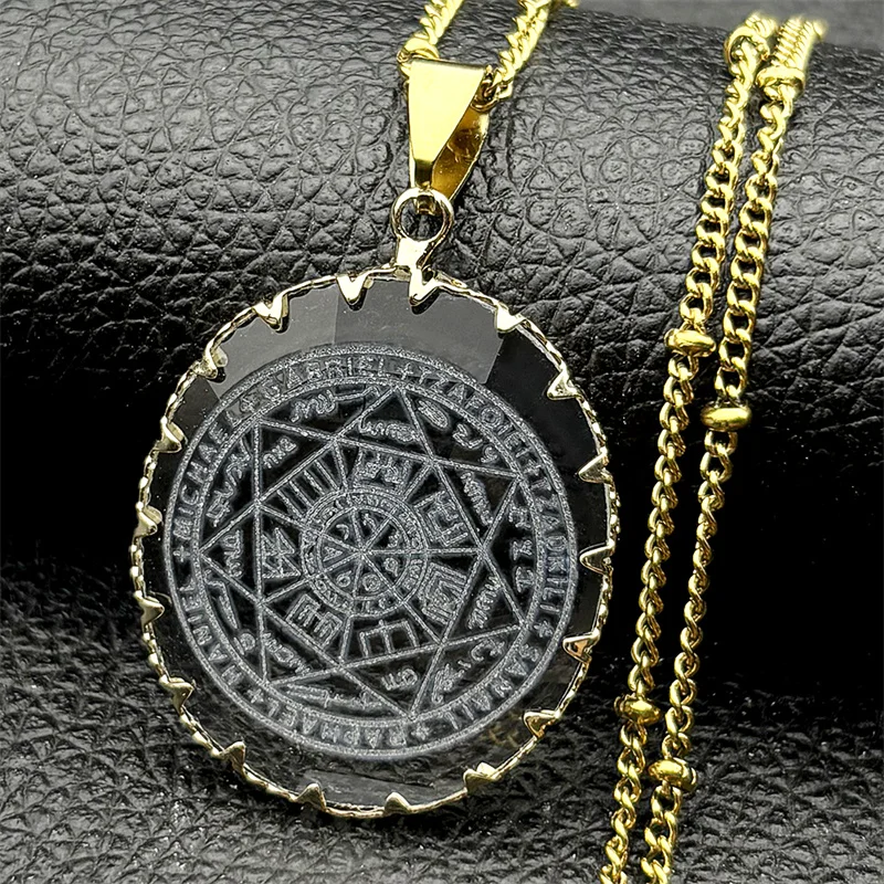 

Seven Archangels Angel Glass Pendant Necklace for Women Men Stainless Steel Seal of Solomon Protection Chain Jewelry Gift