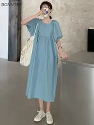 Dresses Women Solid Attractive Creativity A-line Chic Simple Casual All-match Lantern Sleeve Popular O-Neck Tender Students New
