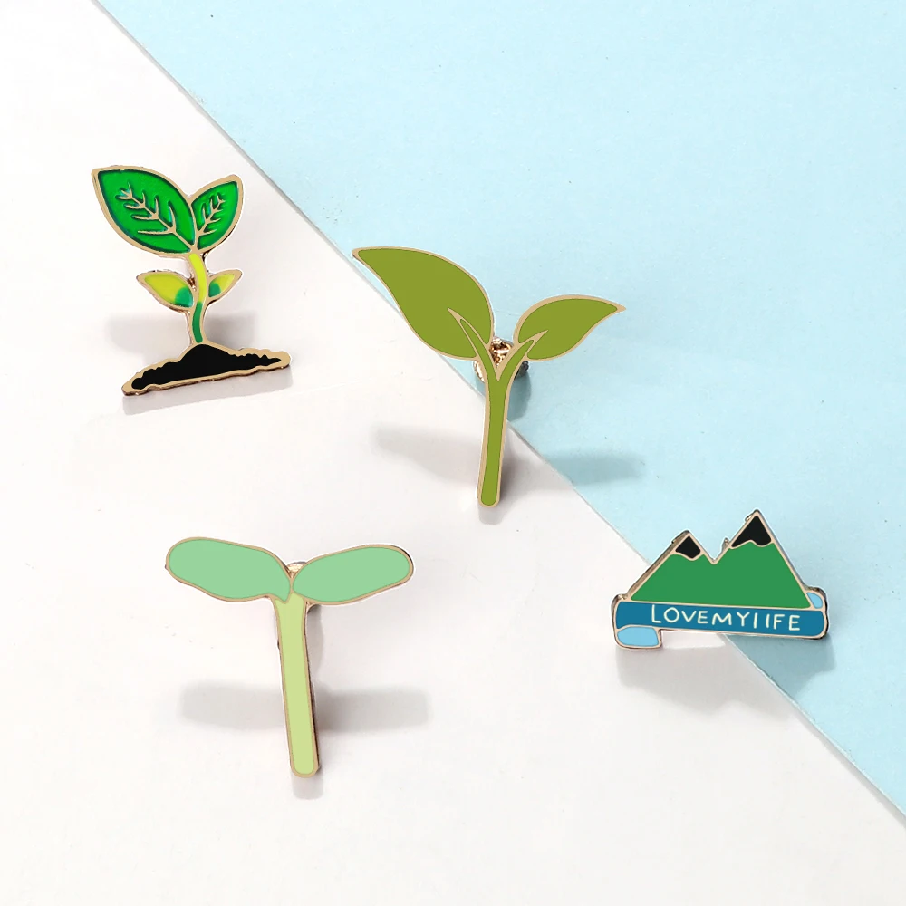 Green Cartoon Plant Seedling Leaf Enamel Pin Metal Leaves Plants Mountain Pins Brooches Women Men Badges Jewelry Friends Gifts