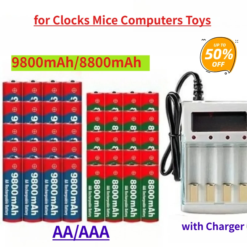 

New 8800mAh/9800mAh Rechargeable Battery AA/AAA Alkalinity Battery for Clocks Mice Computers Toys with Charger