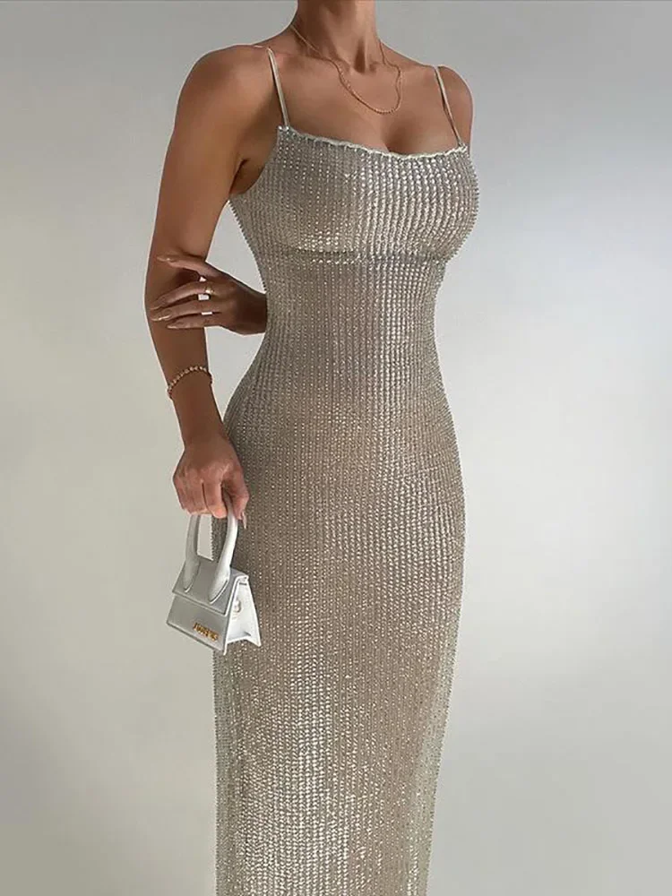 

YUZHEXI Elegant Sequins Glitter Midi Robe Women Spaghetti Straps Split Bodycon Party Double Layers Silver Dress Blingbling