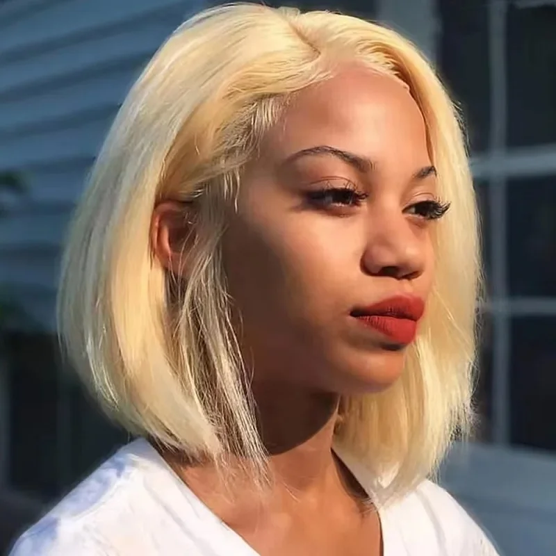 ブロンド13x4 HDレースフロントウィッグ 生え際ベビーヘア付き ボブウィッグ 人毛 613 レースフロントウィッグ 人毛 200%密度