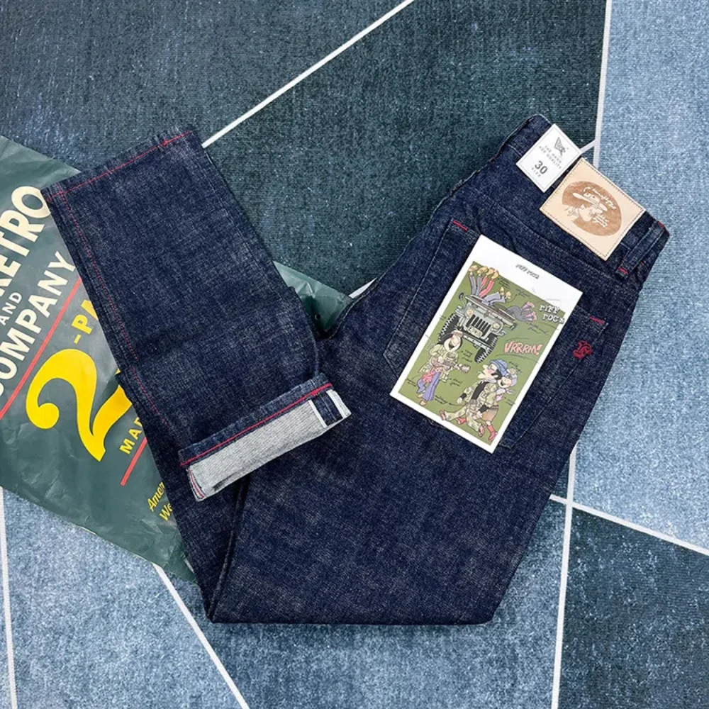 

13.5OZ Blue border Red denim jeans Men's American vintage primary color destarched straight trousers