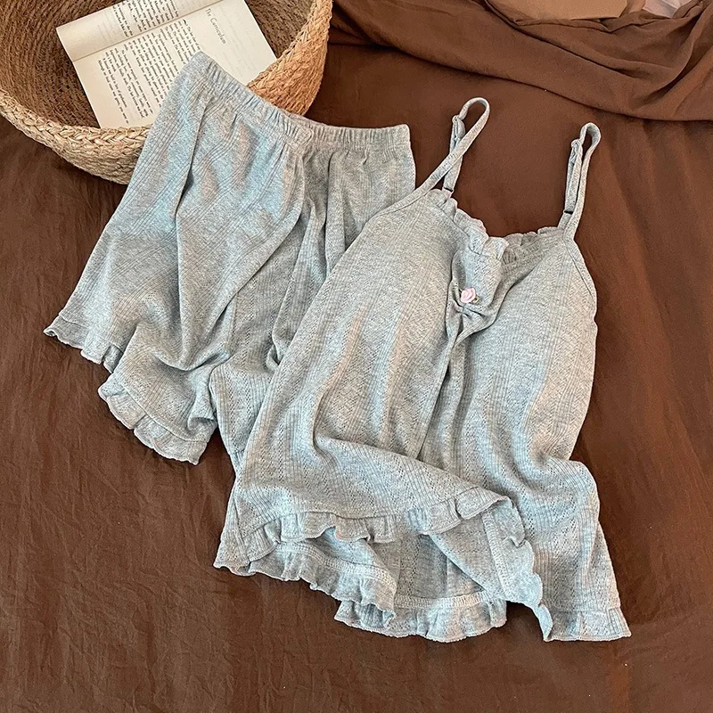 

2026 Hot Style Knitted Cotton Pajamas Women’s Solid Color Jacquard Suspender Suit Can Be Weared Outside Sweet Girly Home Clothes