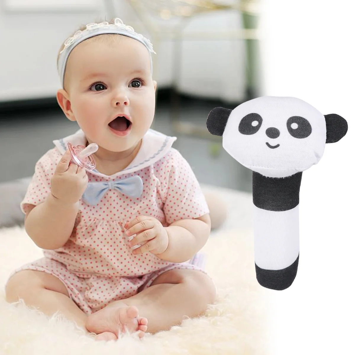 Chocalho de Mão de Panda de Pelúcia para Bebês, Brinquedo Colorido para Desenvolvimento de Recém-Nascidos e Crianças Pequenas