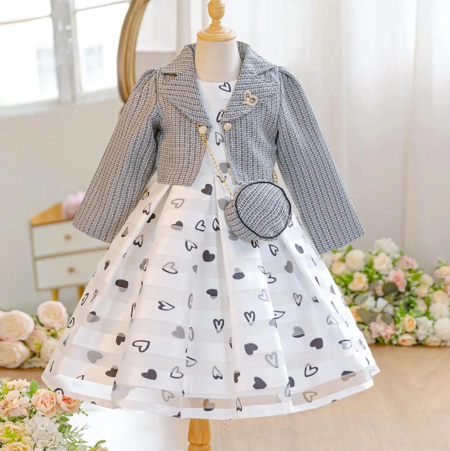 Girls' Formal Dresses for Elegant Girl Party Dress 3 PCS Set Long Sleeve Kids' Clothes with Bag 4 to 10 Years