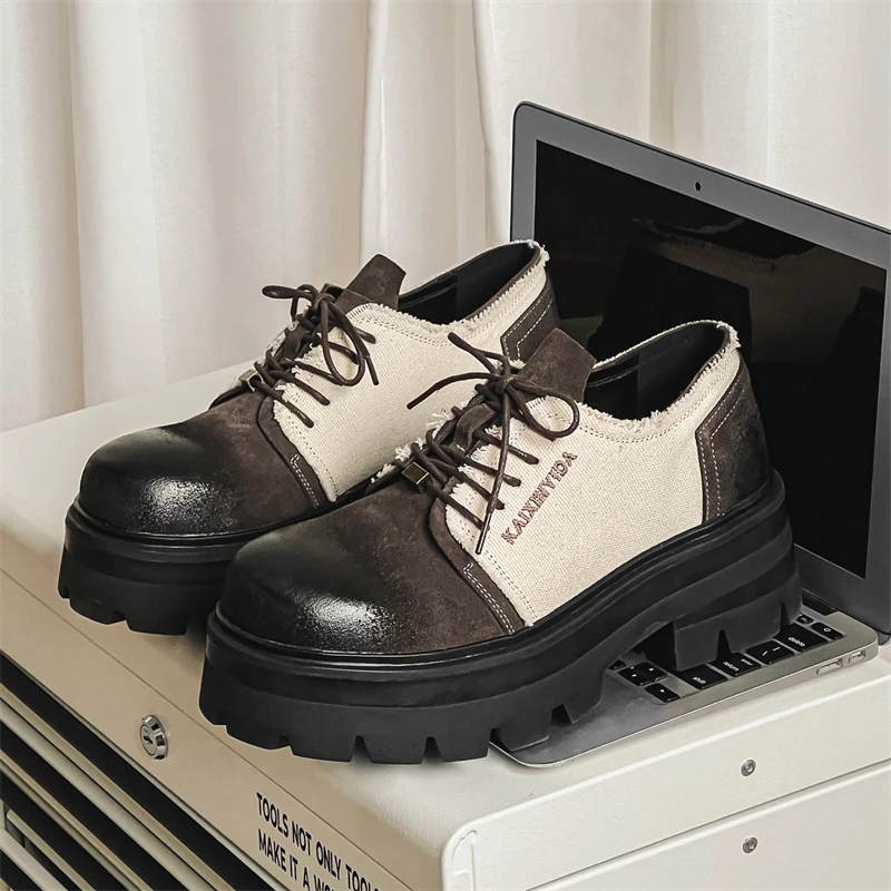 Autumn Height Increasing European  American Men Derby Shoes High-end Texture Youthful Personality Color Blocking Fashion Shoes