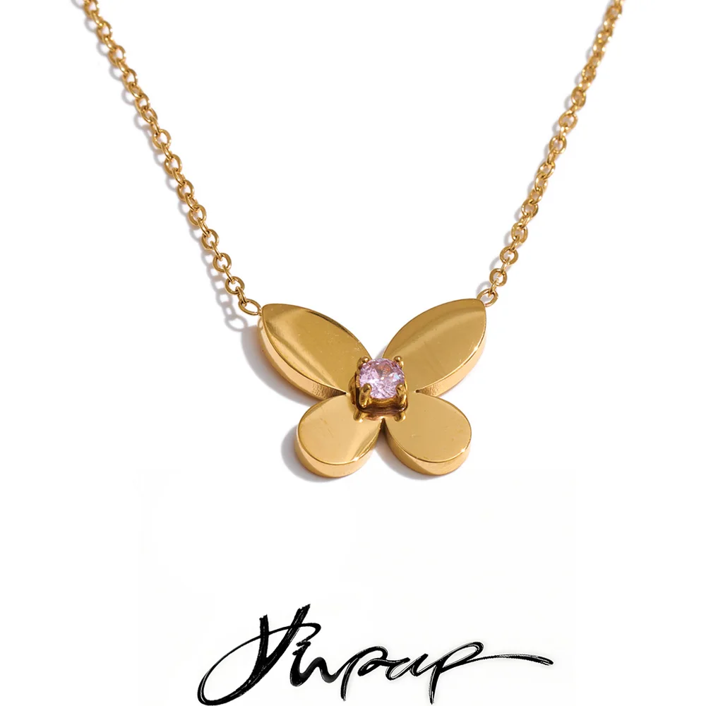 Yhpup Smooth Stainless Steel Zirconia Butterfly Pendant Necklace 18K Gold Color PVD Plated Attractive Women Jewelry Gift New