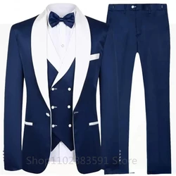 Blue Splicing Men‘s Suits 3 Pieces White Shawl Lapel Casual Tuxedos Suits Men (Blazer+Vest+Pants) For Wedding Groomsmen 2024