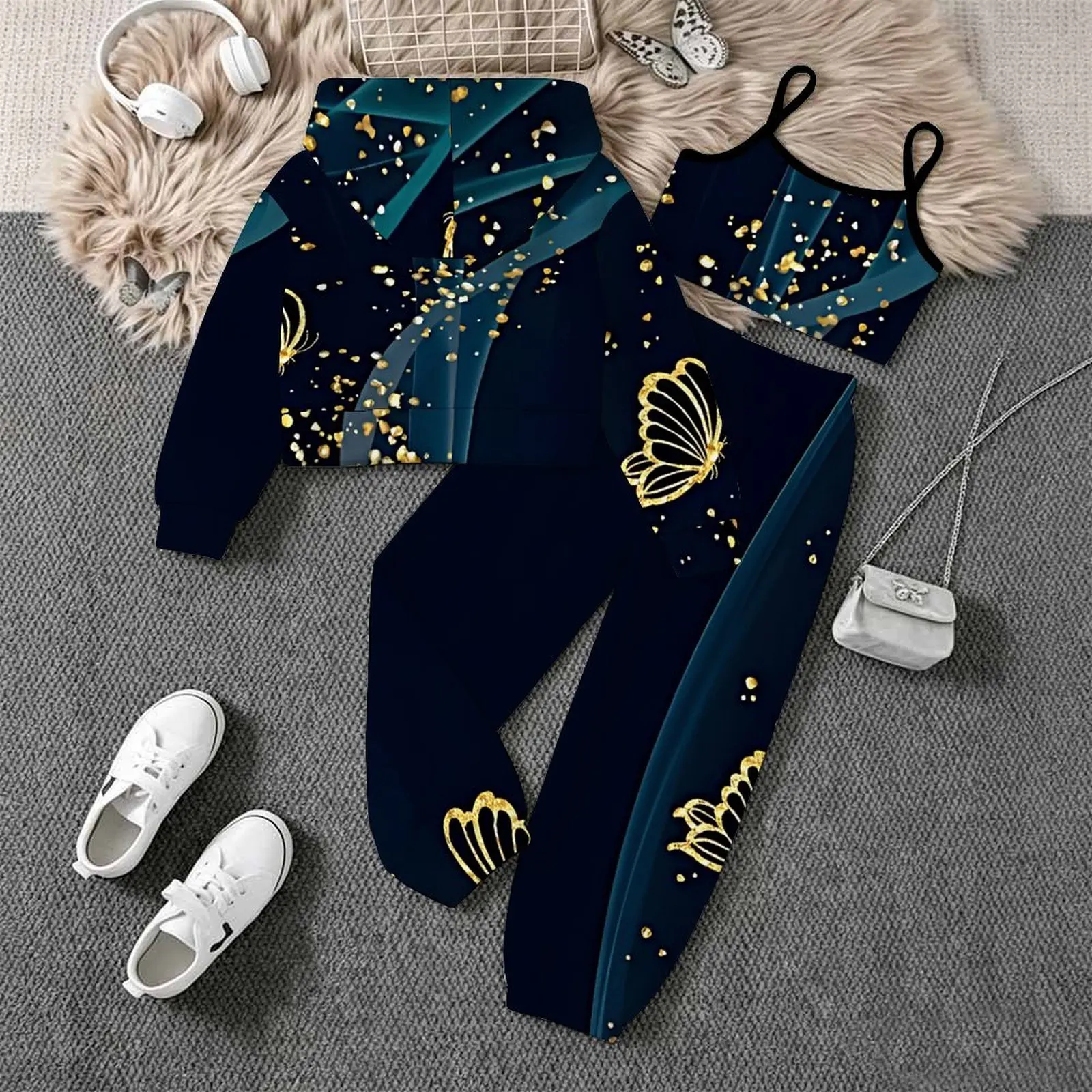Fashion Vest Winter Zipper Hoodie Long Sleeve Coat Jogging Pants Children's Printed Three-Piece Set Autumn Girls Yoga Pants