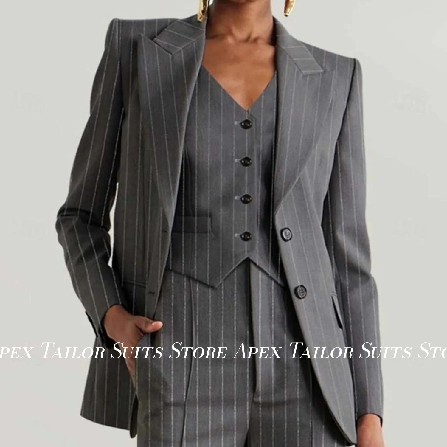 Grey Pinstripe Women 3 Piece Suit Set Single Breasted Blazer Vest Wide Leg Pants Formal Office Business Ladies Suit Customized