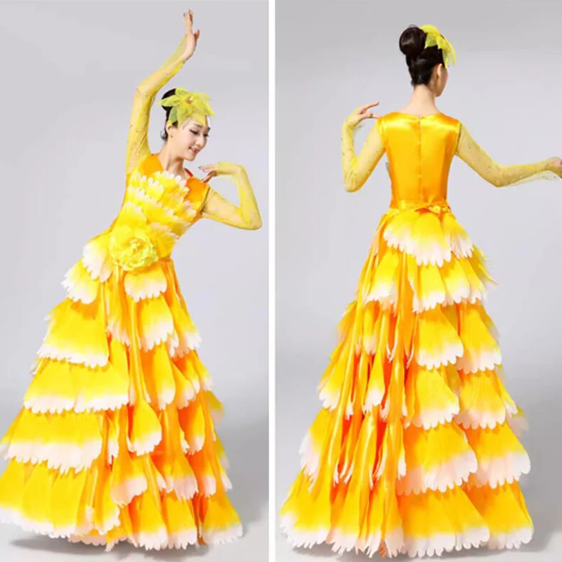 Damen Spanisches Flamenco Stierkampf-Kleid, Eröffnungstanz, Großer Schwung, Blütenblatt-Design, Klassische Kleider, Bühnentänzerin, Performance-Rock, Kostüm – Detail 7
