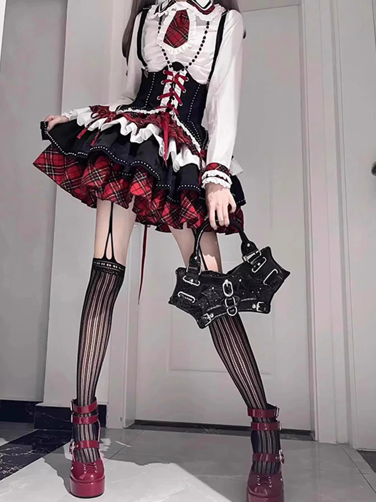 American Spice Girl Lolita Contrast Strap Waist Tie Shirt Puffy Skirt Set Pure Lust Princess Dress Lolita
