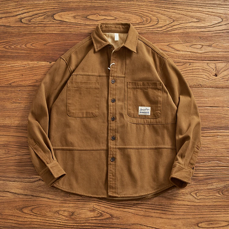 

Thiened Fce Lined Men's Denim irt Jaet Casual Long Sve American Retro Workwear Sle Faion Urban Autumn Spring