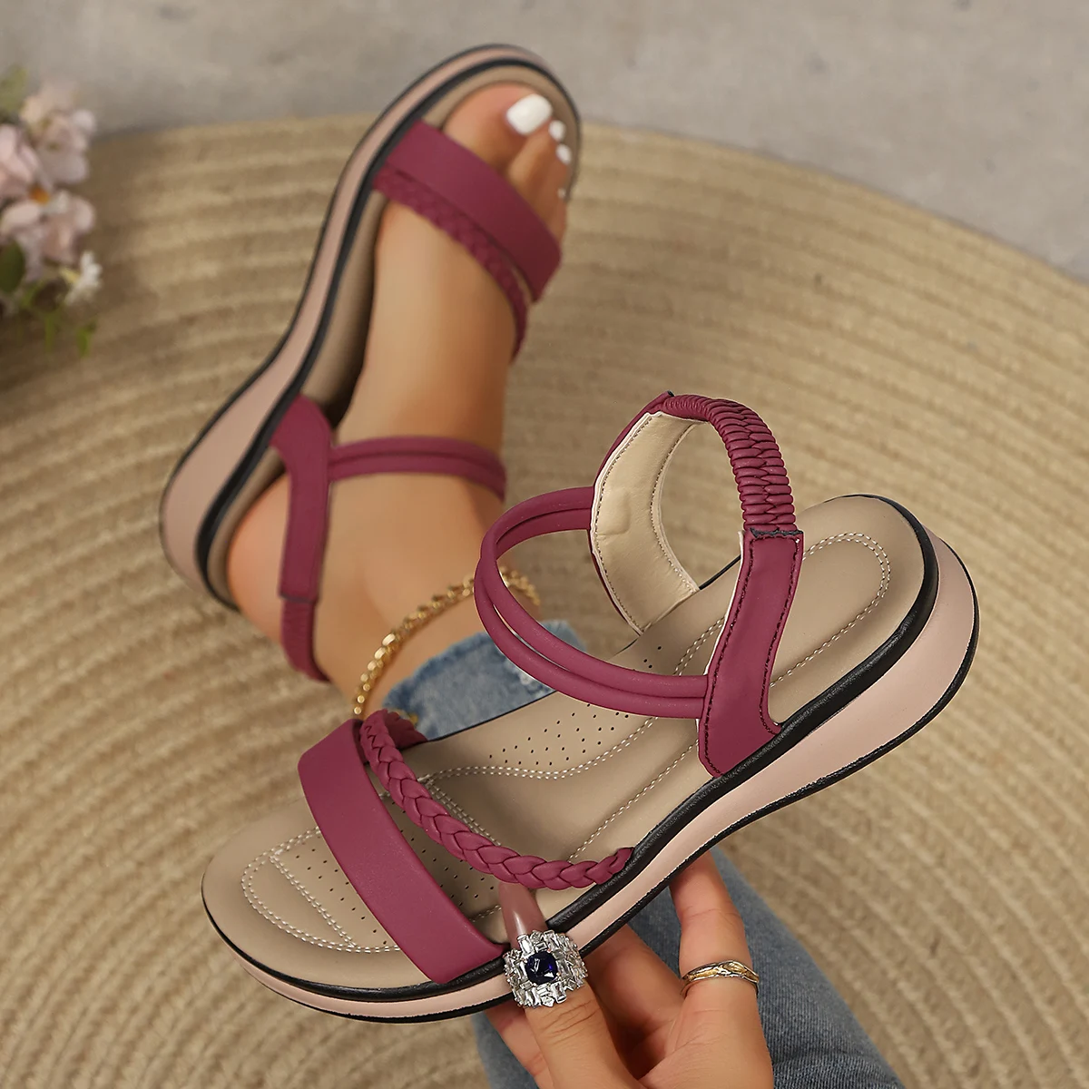 Damen Plateau-Sandalen Lässige Sommer-Slip-On Komfort Alltags- und Strandschuhe Leichte Offene Zehen Slingback Flache Sandalen – Detail 5