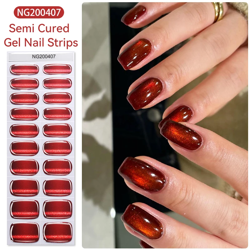 

Red Semi-cured Cat Magnetic Gel Nail Strips Full Cover Nail Gel Sticker Wraps Manicure Press on UV Lamp Cured Nail Decals