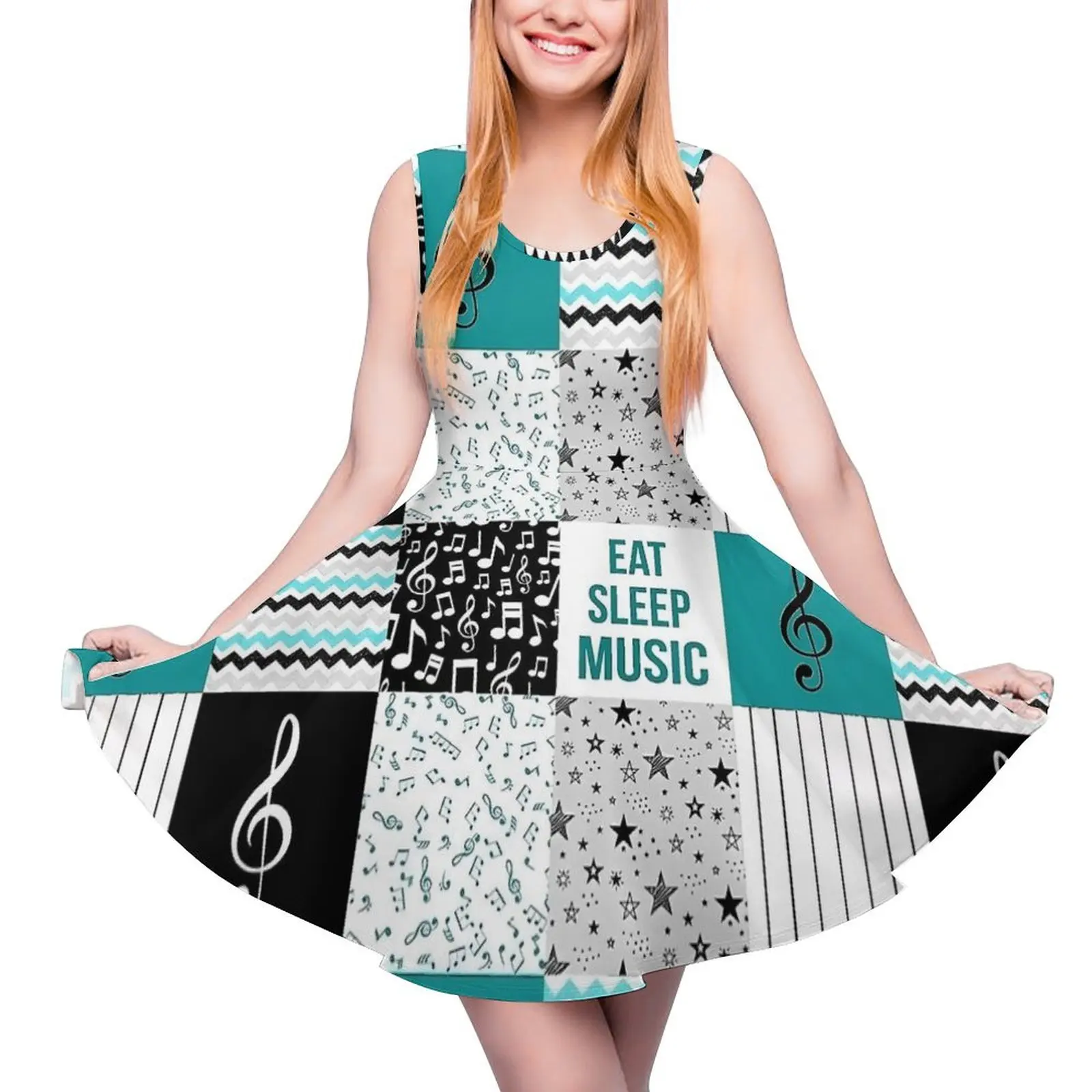 Music Note Flower Dress Check Print Pretty Dresses Sleeveless Street Wear Skate Dress Female Custom Clothing Birthday Present