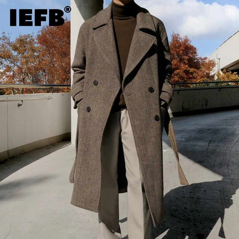 IEFB Winter Men's Woolen Overcoats Thick Double Breasted Belt Turn-down Collar Overknee Solid Color Casual Male Trench 9C8995