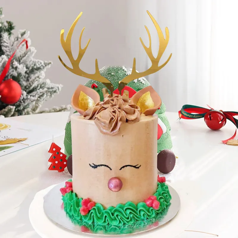 New Elk Antlers Merry Christmas Party Cake Topper Decoration Gold Acrylic Kids Xmas Cake Topper Gift New Year's Baking Supplies