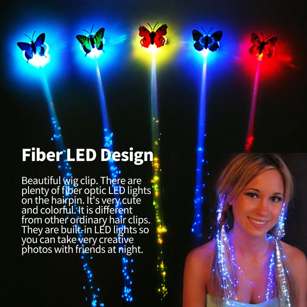 

Butterfly Hair Clips Colorful LED Light Emitting Fiber Optic Pigtail Braid Plait Luminous Hair Wig Party Supplies Hair Accessory