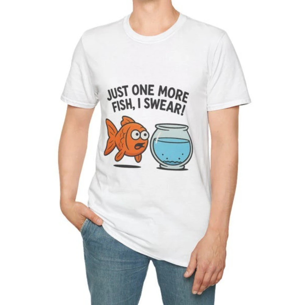 

JUST ONE MORE FISH I SWEAR Funny Goldfish T-Shirt Fish Lover Gift Pet Owner Apparel Humorous Mens Shirt Summer Casual Tee Tops