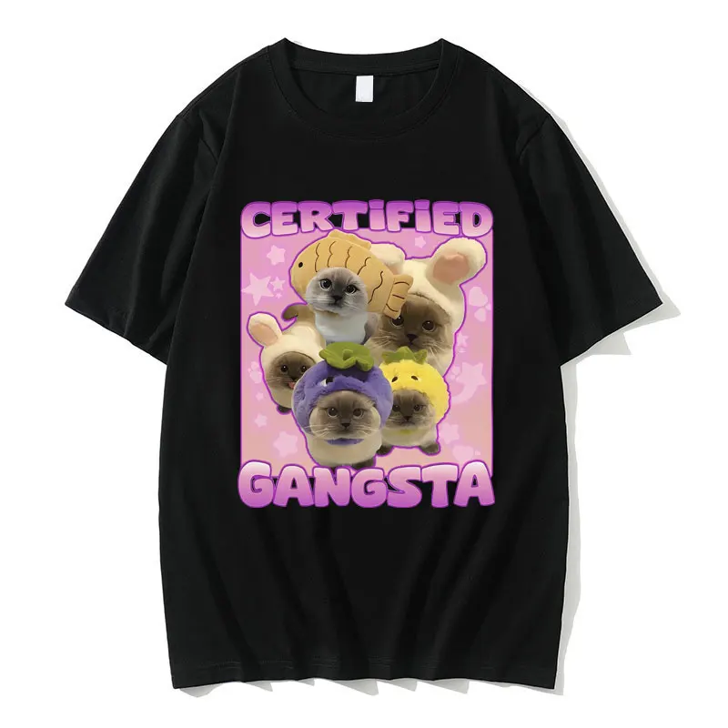 

Certified Gangsta Funny Cat Meme T-shirt Men Women Oversized Crewneck T Shirts Men Casual Harajuku Short Sleeve Cats Lover Tees