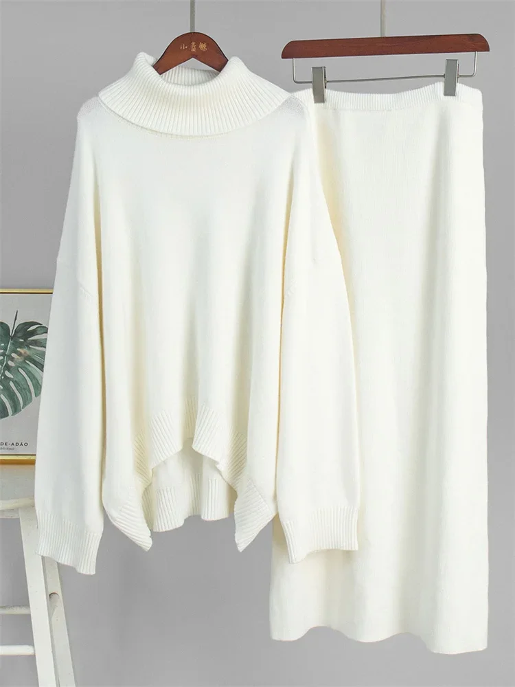 

2025 Autumn Knit Sweater 2 Piece-Set Long Skirt Women Loose Turtleneck Pullover And Ribbed Skirt Sets Female Knitwear Outfits
