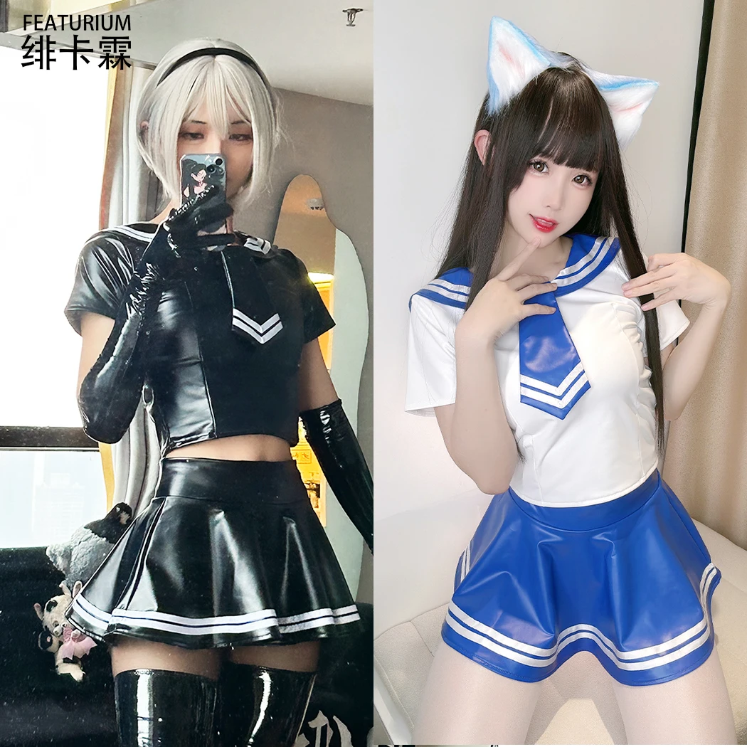 Feat.[CW Moon Shadow Replicant]Sailor Collar Cyber Girl Band Lvy Style Leather Skirt