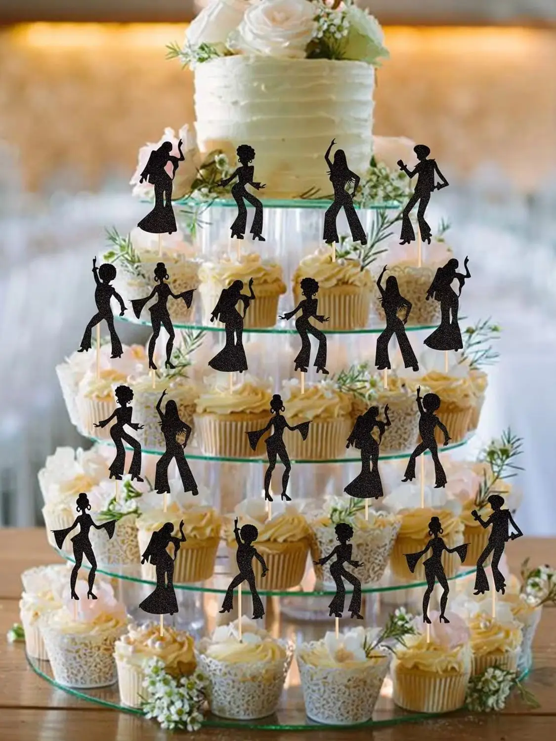 Schwarzer Glitzer, 70er-Jahre-Disco-Tanz-Cupcake-Picks, 80er-Jahre-Disco-Tänzer-Kuchendekorationen für Musik, Disco-Themen-Paty – Detail 4