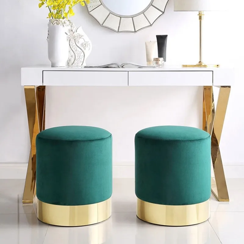 /With Stainless Steel Base For Living Room Cloak Room Furniture /Round Ottoman Velvet Footrest Sofa Foot Stool
