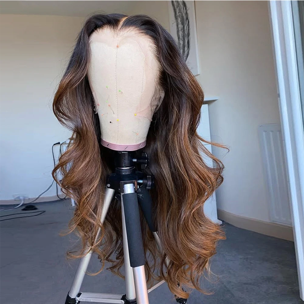

24 Inch Body Wave 13x4 Lace Front Wig for Women Pre Plucked Blonde Highlights Brown Synthetic Lace Frontal Wig Daily Party Use