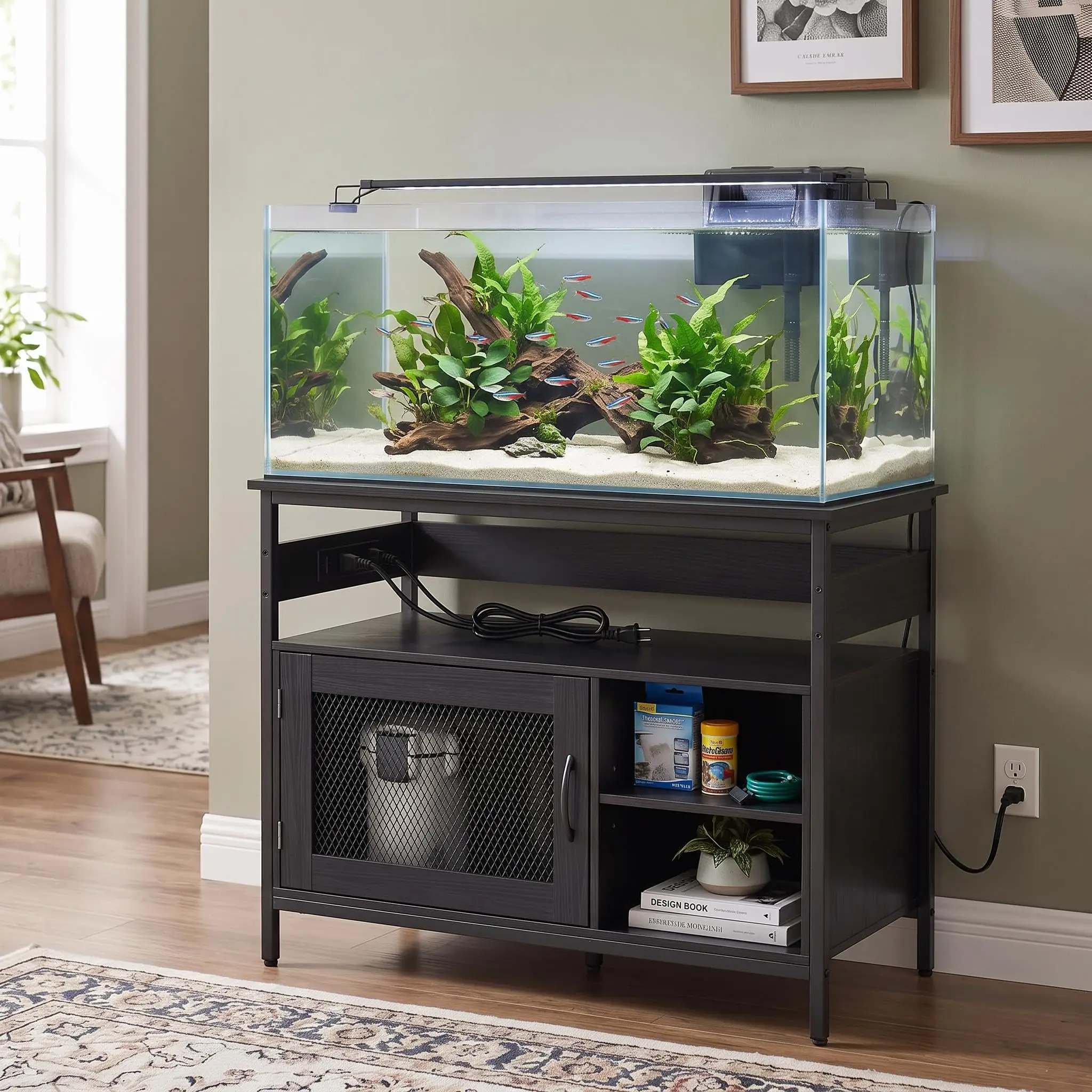 Fish Tank Stand with Power Outlets, Metal and Wood Aquarium Stand