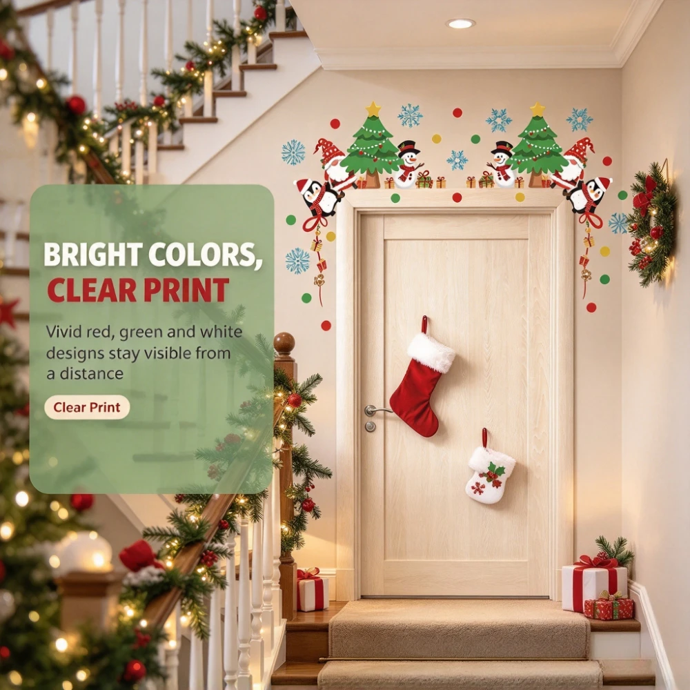 1 Set Christmas Door Frame Wall Stickers with Santa, Snowman & Reindeer Sleigh Patterns Festive Holiday Decals for Home Entryway, Gift Wrapping Zone & Party Decoration