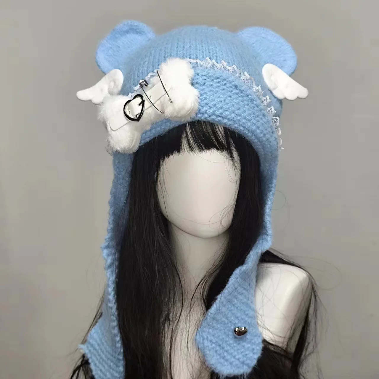 

Y2K Sweet Bear Ears Thicken Knitted Hats Women Girls Soft Plush Head Protection Beanies Cute Harajuku Gothic Caps
