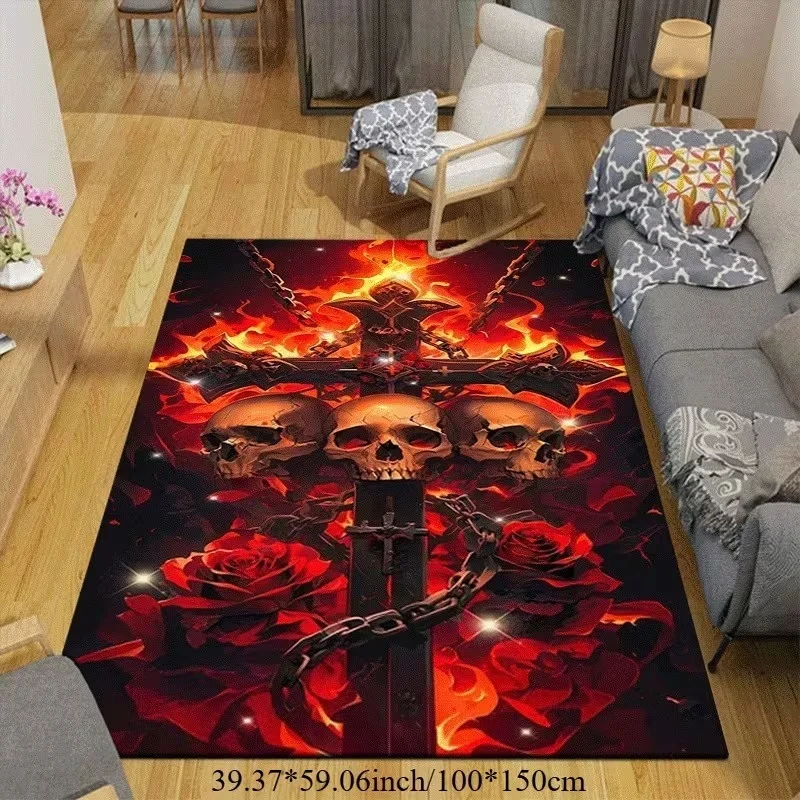 Fiery Skull Cross Red Rose Print Large Area Floor Rug, Gothic Dark‑style Home Carpet for Living Room,Household Floor Decoration