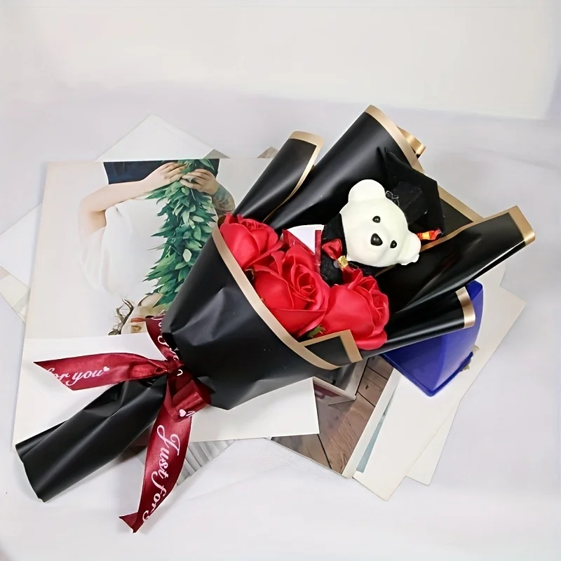 1 هدية إبداعية للتخرج دكتوراه الدب ثلاثة وردات باقة عباد الشمس، مناسبة لعيد الحب، عيد الأم، عيد المعلم