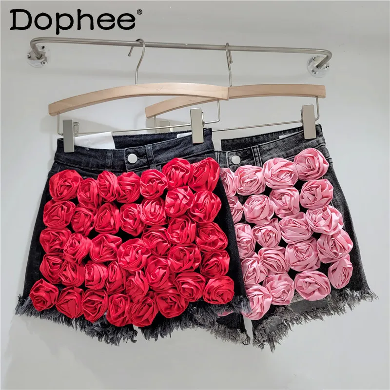 

Heavy Industry Three-Dimensional Rose Flower Decorative Black Shorts Female 2024 Summer High Waist Denim Shorts for Women