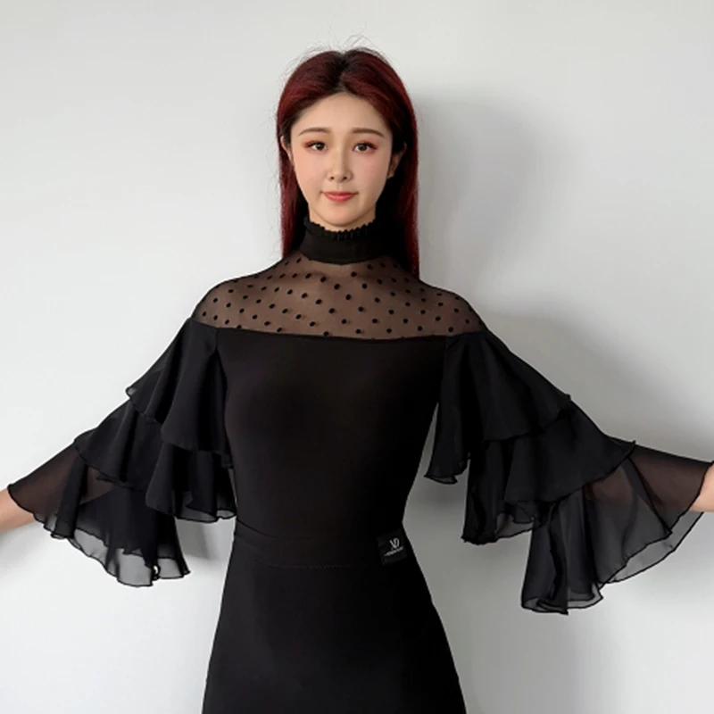 

Топы для бальных танцев 2026: Черное боди в горошек с рюшами на рукавах, одежда для вальса, для взрослых, для тренировок и выступлений L18825