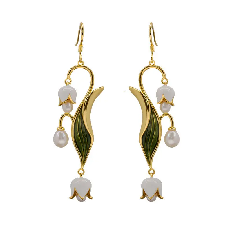 14k 18K Gold Filled Lily of the Valley Flower Pearl Ear Drop Dangle Convallariaceae Ear Hook Earring Flora 18th Century Jewelry