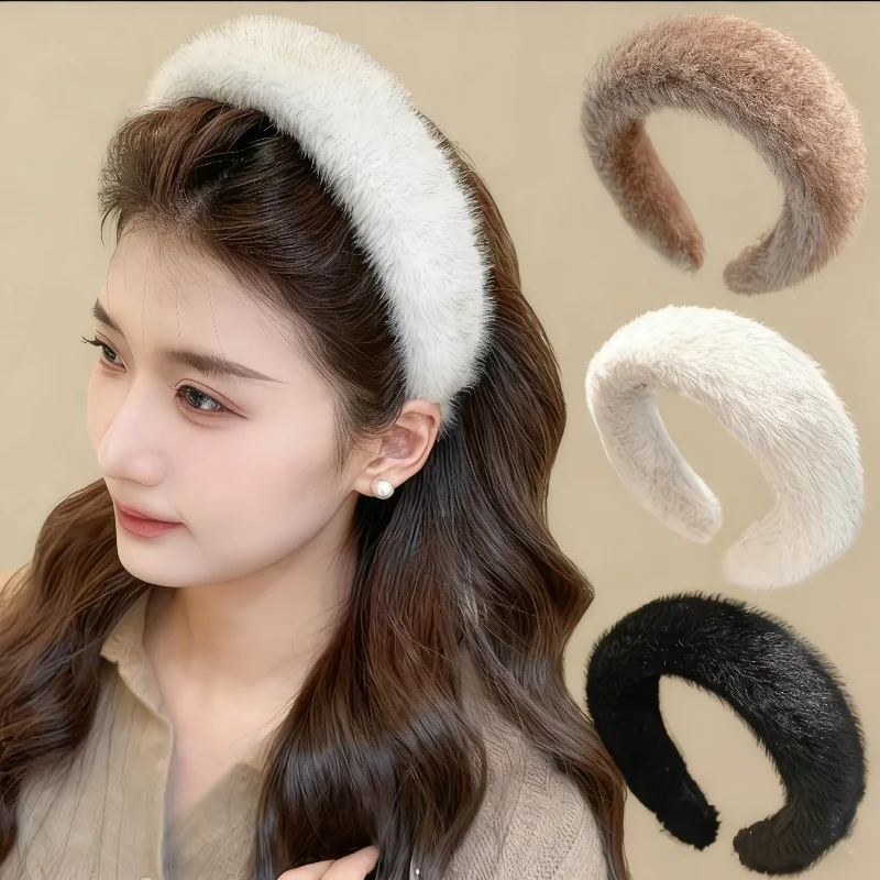 

Women Winter Furry Fur Headbands Faux Mink Fur Headband Autumn Winter Elegant Wide Hair Hoop Fashion Soft Plush Hair Accessories