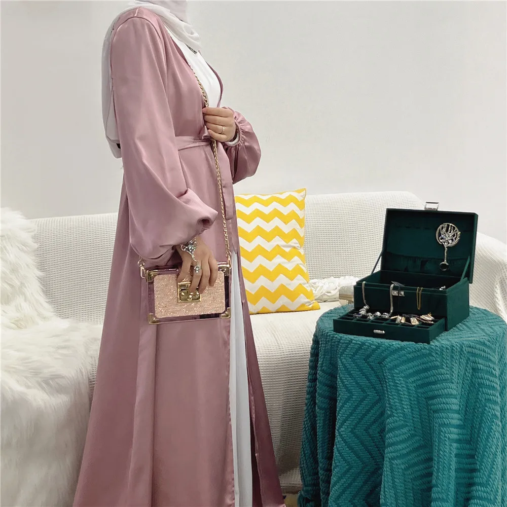 Eid brillant Satin ouvert Abaya Kimono Cardigan robes musulmanes femmes Robe Ramadan dubaï turc Islam Jalabiya vêtements Kebaya Caftan