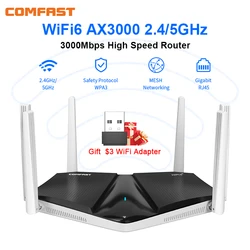 Router Home Mesh com Faixa de Antena Amplificador de Sinal Externo, Repetidor, Rede 6, AX3000 Gigabit, IPV6, WPA3, 2.4GHz, 5G