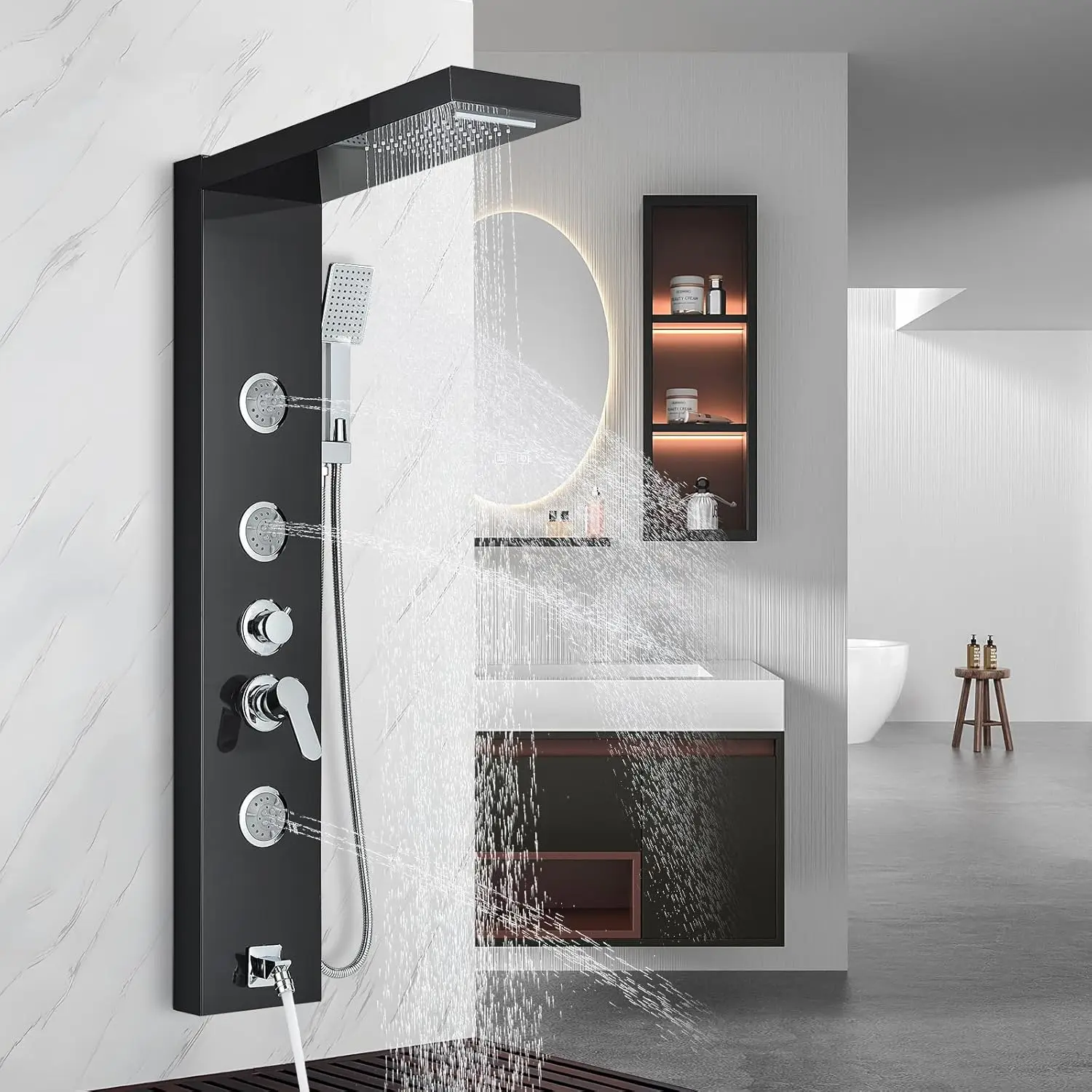 

AlenArt Shower Panel Tower System, Multi Function Shower System with Body Jets, Handheld Sprayer, Rainfall Waterfall Shower Head