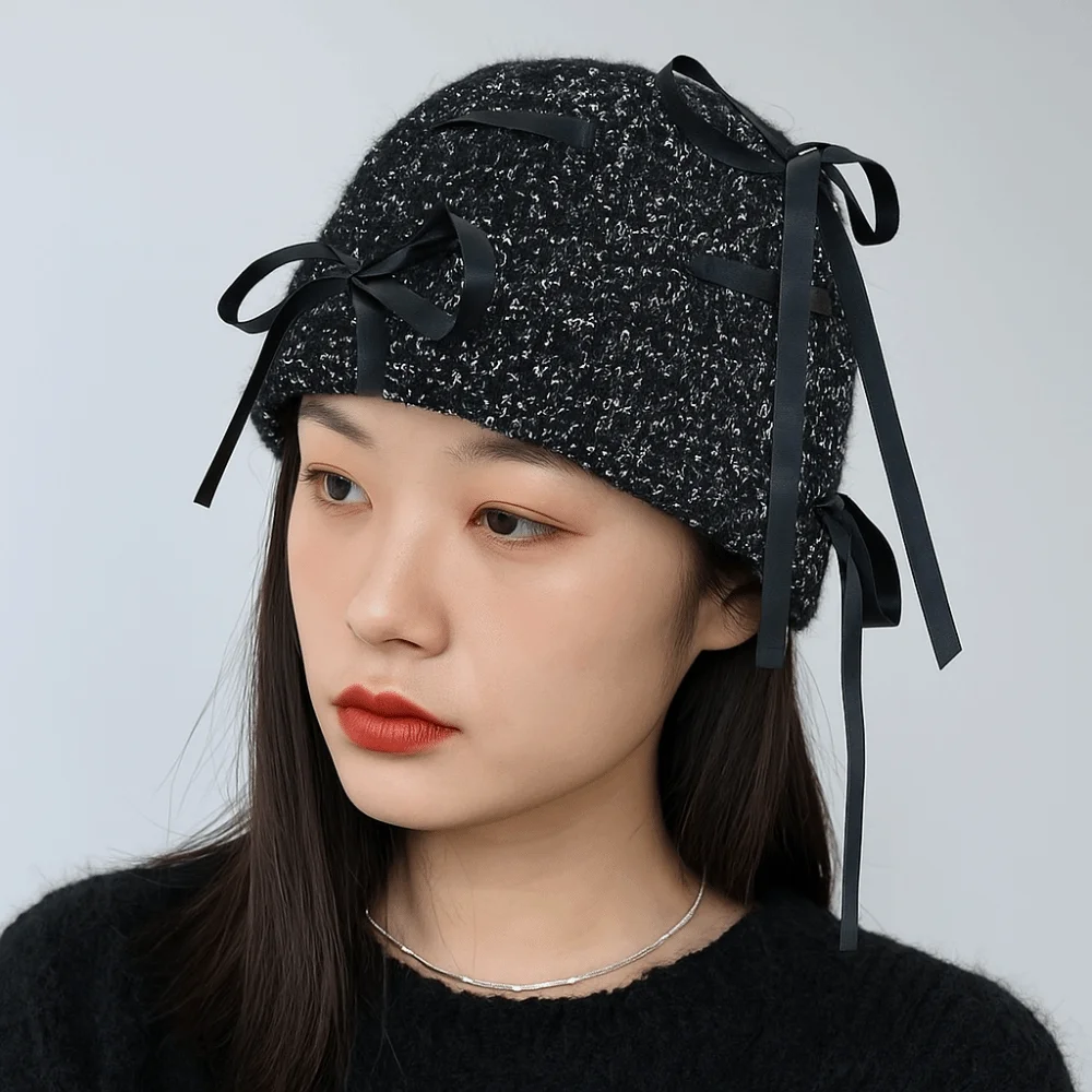 Fashion Vintage Sequin Knitted Hat Hollow Thin Beanie Hat Bowknot Woven Cap Autumn