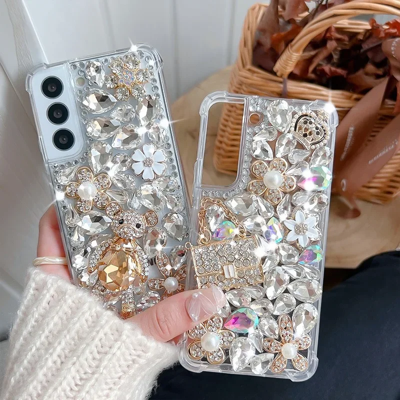 Luxury Bling Rhinestone Phone Case For Samsung Galaxy S23 S22 S21 Ultra S20 FE Note 20 10 Plus S10 Plus DIY Diamond Flower Cover