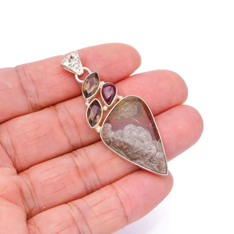 StarGems Natural Ocean Jasper&Smoky Quartz And Amethyst Handmade 925 Sterling Silver Pendant 2 1/4