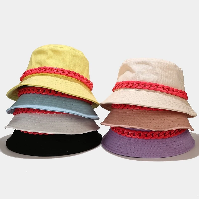 Colorful Chain Decor Bucket Hat For Women Men, Casual Solid Cotton Fisherman Cap, Cool Streetwear Sun Hat With Plastic Chain