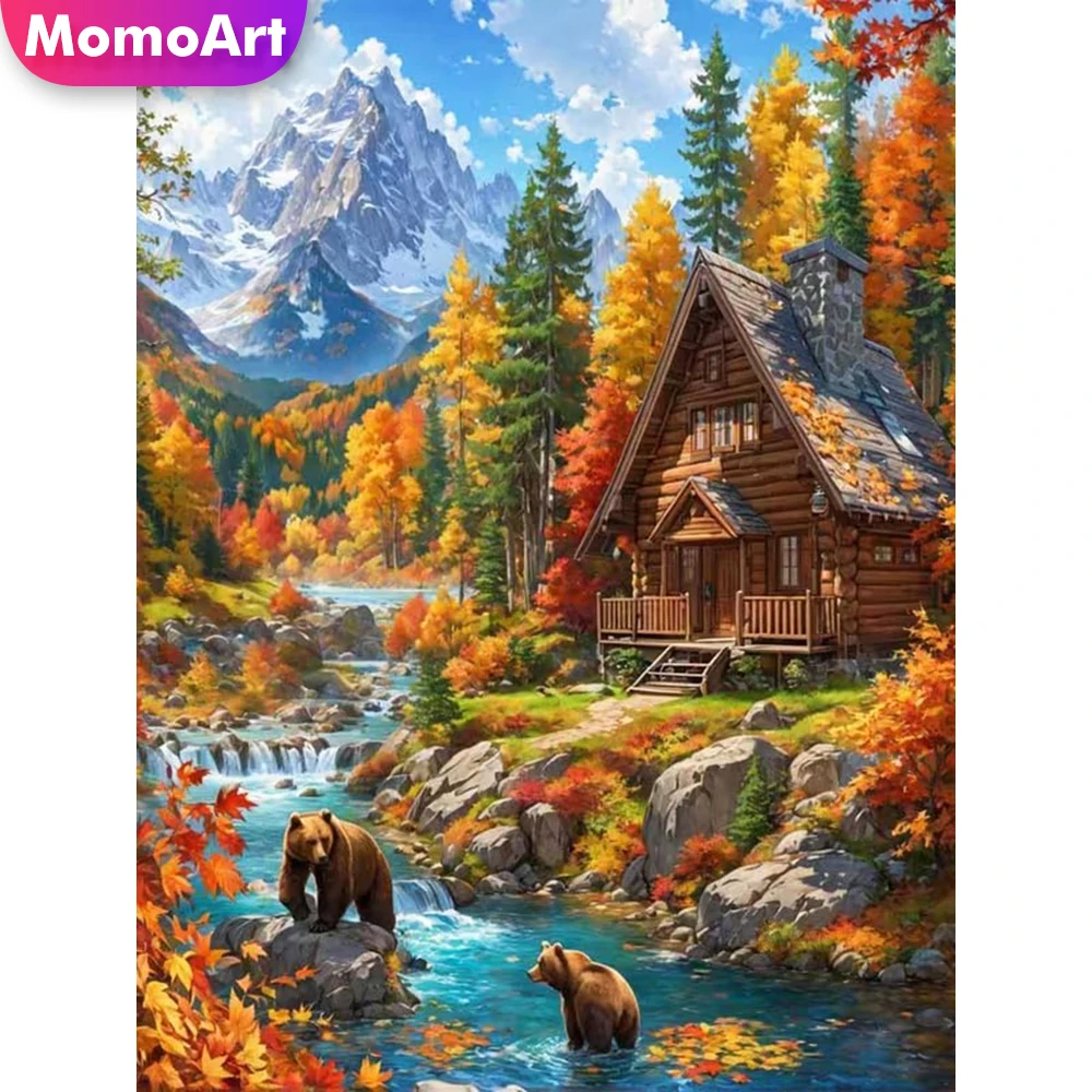 Momoart Vollquadratische und runde Diamantmalerei Hauslandschaft DIY Wald Fluss Diamantmosaik Berg Stickerei Feiertagsgeschenke